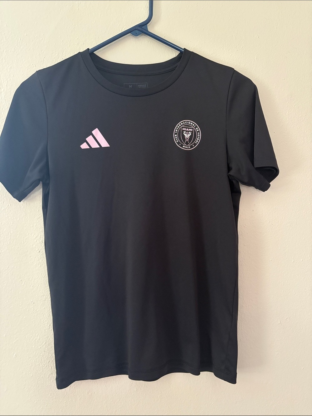 adidas Messi Black Tee with Light Pink Logo Accents